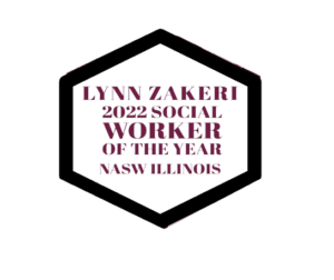 A hexagon with the words " lynn zakemi 2 0 1 9 social worker of the year."