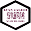 A hexagon with the words " lynn zakemi 2 0 1 9 social worker of the year."
