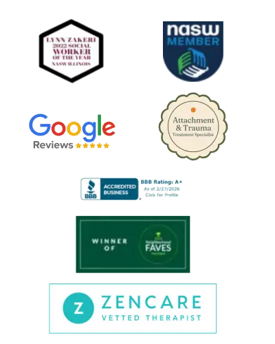 Lynn Zakeri professional badges, memberships, and awards, including Google verified reviews, BBB Accredited Business, and Zencare Vetted Therapist.