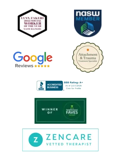 Lynn Zakeri professional badges, memberships, and awards, including Google verified reviews, BBB Accredited Business, and Zencare Vetted Therapist.